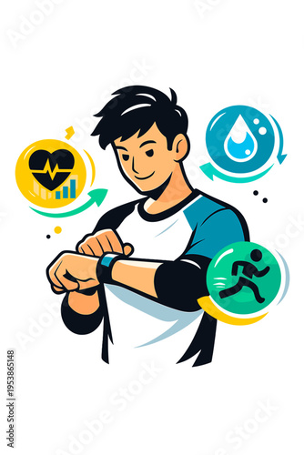 Wearable Health Tech. Health Monitoring Wearables. Person checking floating wristband displays with glowing