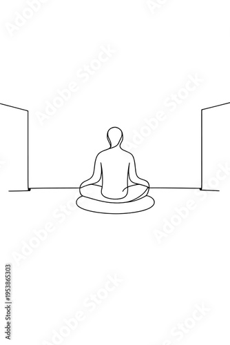 Minimalist Meditative Pose. Meditative space. Minimalistic one-line drawing a person sitting on a cushion in a