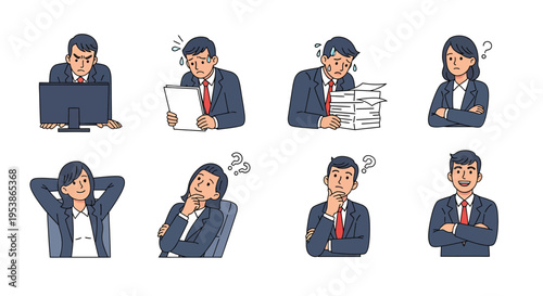 Set of illustrations showing a businessman in various poses and emotions, conveying stress and contemplation during work