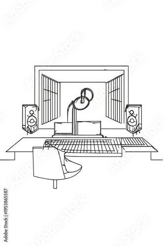 Minimalist Recording Studio. Recording studio. Minimalistic one-line drawing a soundproof room with mic,