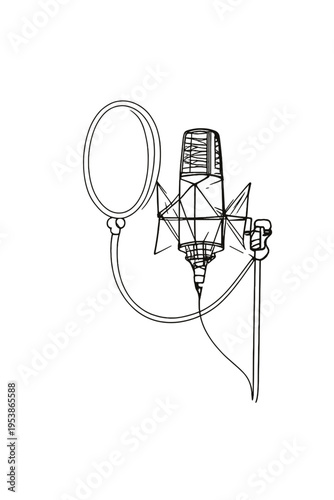 Minimalist Microphone Art. Studio microphone. Minimalistic one-line drawing a condenser microphone on a stand