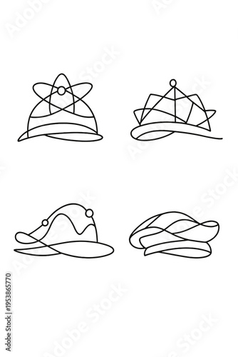Quantum Hats Illustration. Quantum-inspired hats. Minimalistic one-line drawing headwear with geometric and