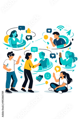 Metaverse Social Interaction. Metaverse Social Hub. People interacting with floating holographic friends,