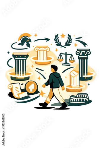 Ethereal Roman Forum. Roman Forum Scene. Person walking among floating glowing ancient columns with orbiting