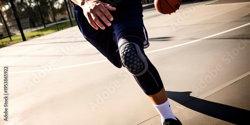 Basketball player dribbling on outdoor court wearing knee pad