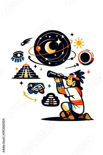 Mayan Celestial Observation. Ancient Mayan Observatory. Person observing floating glowing celestial charts and