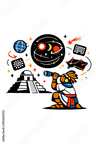 Maya Celestial Discovery. Ancient Mayan Observatory. Person observing floating glowing celestial charts and