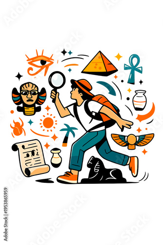 Exploring Ancient Symbols. Ancient Civilizations. Person exploring floating glowing hieroglyphs and abstract