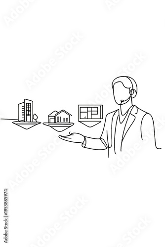 Virtual Realty Showcase. Virtual real estate agent. Minimalistic one-line drawing a person presenting digital