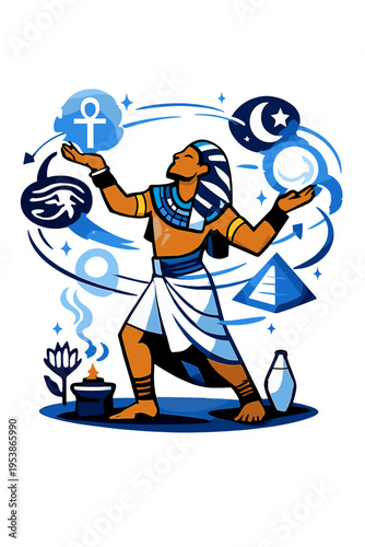 Egyptian Ritual Performance. Ancient Egyptian Ritual. Person performing floating glowing ceremonial gestures
