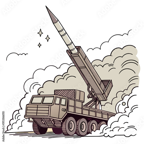 Military missile launcher firing rocket into the sky