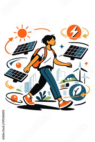 Solar-Punk Urban Stroll. Solar-Punk Urbanism. Person walking among floating glowing solar panels and orbiting