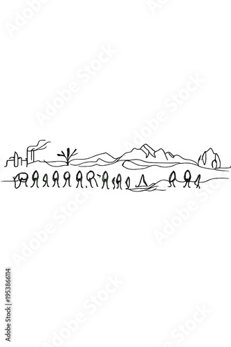 Minimalist Caravan Journey. Environmental exodus. Minimalistic one-line drawing a caravan of people moving