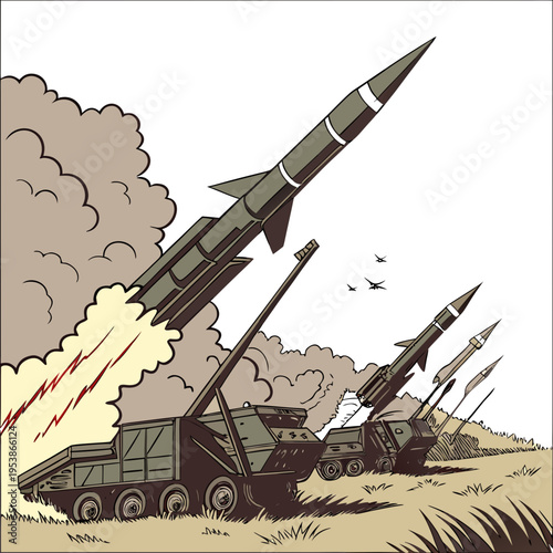 Military missile launchers launching rockets with smoke and planes