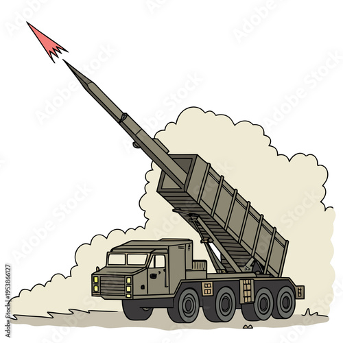 Military missile launcher launching rocket with flames
