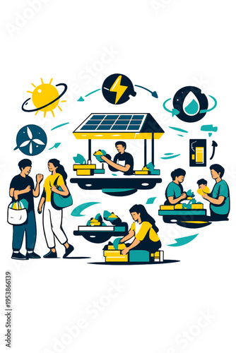 Solar Market Plaza. Solar-Powered Market. People interacting with floating glowing solar stalls and orbiting