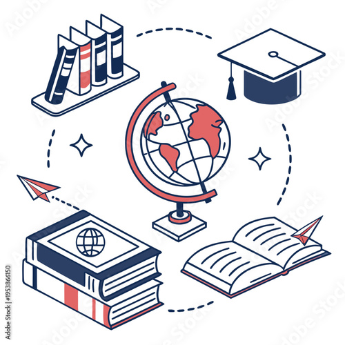 Educational and Globe learning books graduation cap