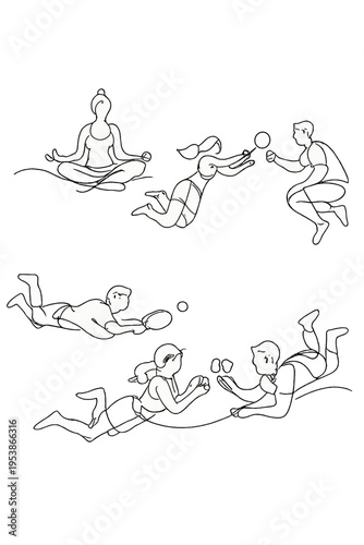 Zero-Gravity Leisure. Zero-gravity activities. Minimalistic one-line drawing tourists performing leisure