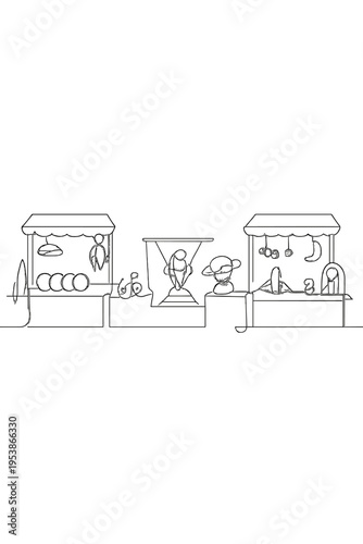 Minimal Space Souvenir Market. Space souvenir market. Minimalistic one-line drawing shops selling collectibles