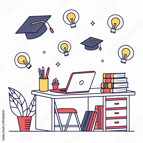 Study Desk with Graduation Cap and Light Bulbs laptop