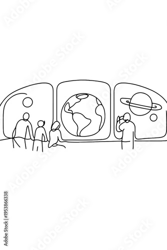 Space Tourists Viewing Earth. Orbital observation. Minimalistic one-line drawing tourists viewing Earth and