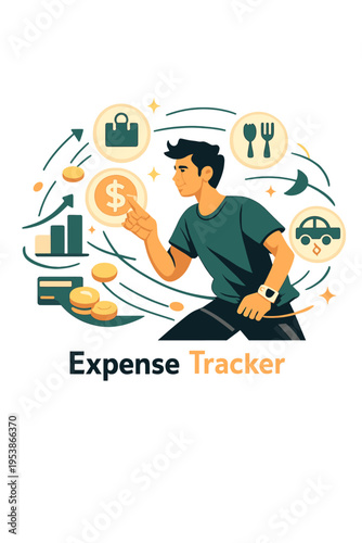 Futuristic Expense Tracker Interface. Expense Tracker App. Person tapping floating glowing expense icons with