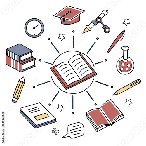 Colorful Educational Around Open Book clock graduation cap