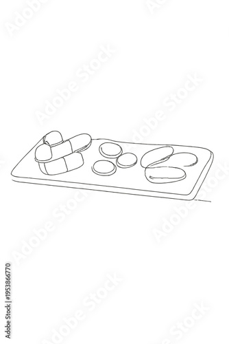 Minimalist Vitamin Drawing. Vitamin supplements. Minimalistic one-line drawing capsules and tablets organized