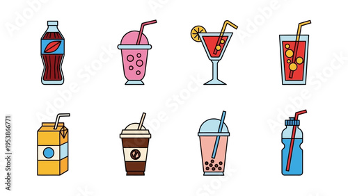 Assorted Drinks Collection: Soda, Juice, Coffee, Cocktails, Bubble Tea, Water Bottle