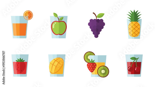 Assorted Fruit Juices and Fruits Icons Set