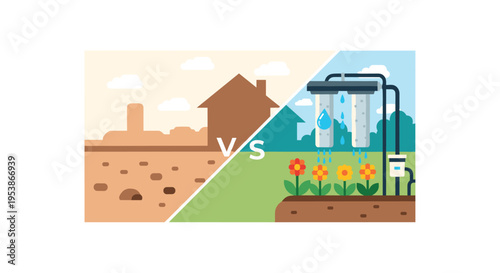 A split image contrasts a dry, barren landscape with a brown house against a lush green garden with a water filtration system.