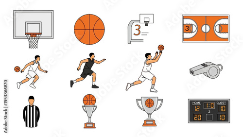 Basketball Icons Set: Players, Court, Trophy, Referee, Scoreboard, Whistle