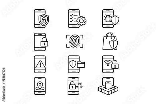   Outline icon set of mobile security: secure smartphone, app permission, mobile antivirus,