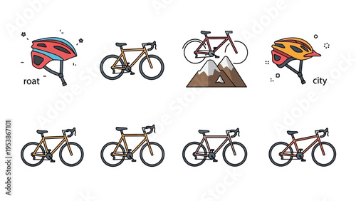 Bicycle and Helmet Icons: Road, City, Mountain Cycling Sports Gear