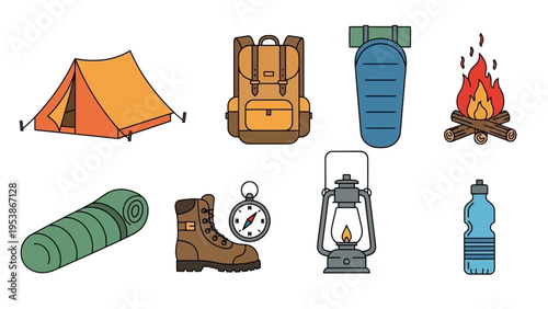 Camping Gear Flat Icons: Tent, Backpack, Sleeping Bag, Boots, Compass, Lantern, Bottle