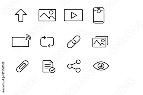   Outline icon set of content sharing: upload arrow, photo post, video post, story format,