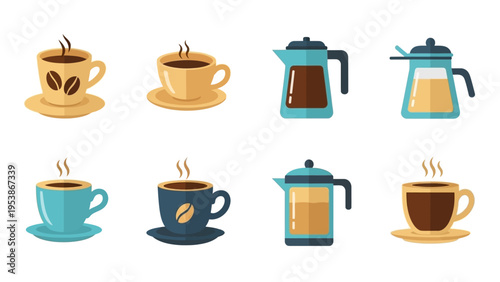 Coffee Cups and Pots Flat Icons Set
