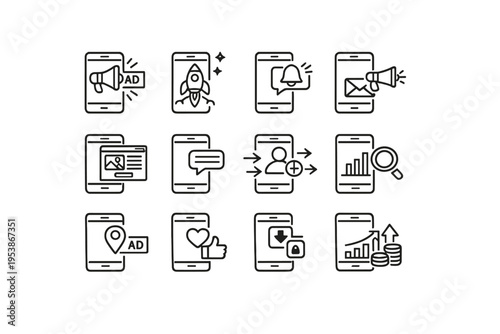   Outline icon set of mobile marketing: mobile ads, app promotion, push notification, SMS