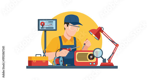 A technician in a blue cap and safety glasses repairs an old radio with a soldering iron on a workbench.