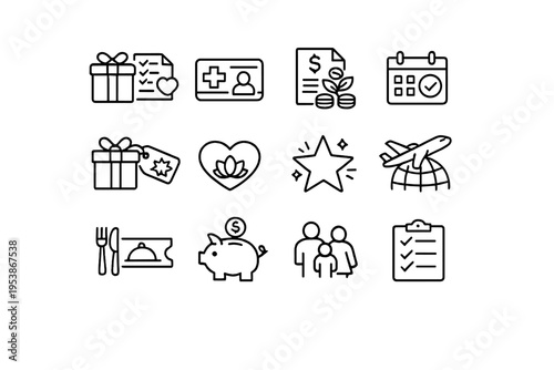  Employee Benefits. Line outline icon set of Employee Benefits: benefits package, health