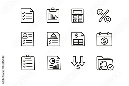   Tax and Deductions. Line outline icon set of Tax and Deductions: tax document, deduction
