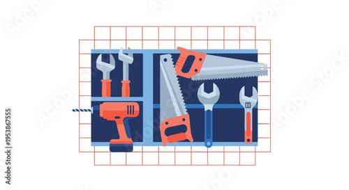A collection of hand tools including saws, wrenches, and a drill is neatly organized on a blue wall rack.