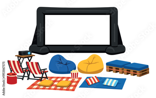 Backyard outdoor cinema setup with a large inflatable screen, projector, various comfortable seating, and popcorn ready for a movie night
