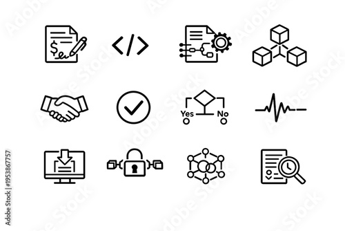   Smart Contracts. Line outline icon set of Smart Contracts: smart contract document, code