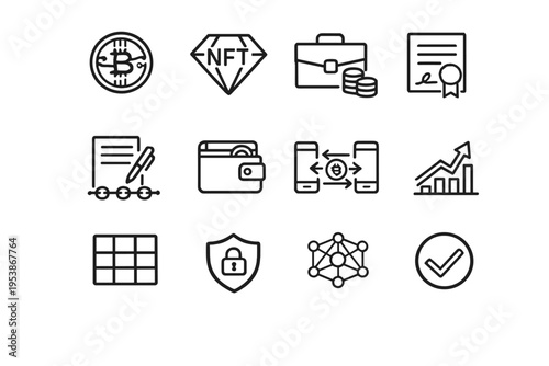   Digital Assets. Line outline icon set of Digital Assets: digital token, NFT symbol, asset