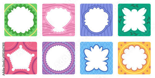 Frame set with scallop borders and wavy shapes on decorative background. Vector round patterns with circle stickers, square labels and retro lace designs. Cute geometric frames for fun y2k projects.