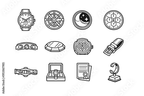   Luxury Timepieces. Line outline icon set of Luxury Timepieces: premium wristwatch,