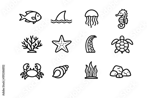   Aquarium Life. Line outline icon set of Aquarium Life: tropical fish, shark fin, jellyfish,