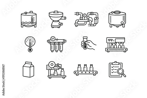   Milk Processing. Line outline icon set of Milk Processing: pasteurization tank, milk
