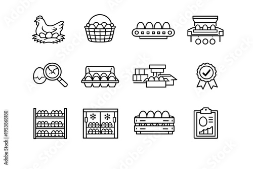   Egg Production. Line outline icon set of Egg Production: laying hen, egg basket, egg